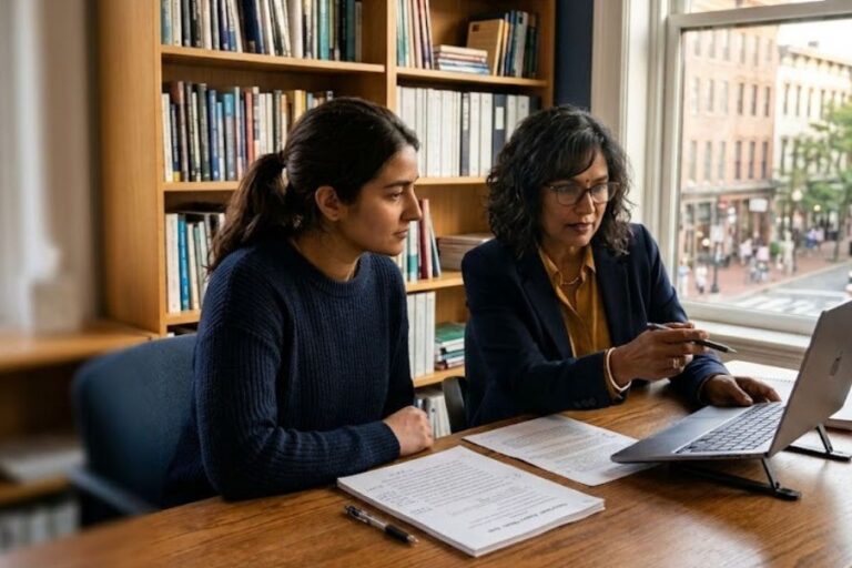 PhD consultant reviewing a thesis chapter with a student at a local office offering phd thesis writing services near me