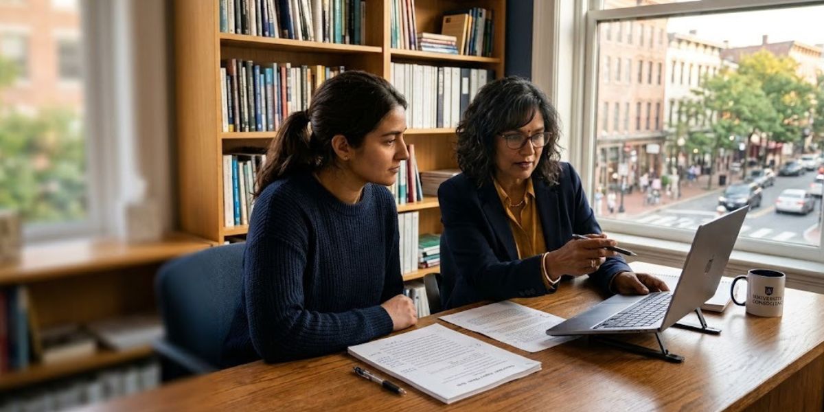 PhD consultant reviewing a thesis chapter with a student at a local office offering phd thesis writing services near me