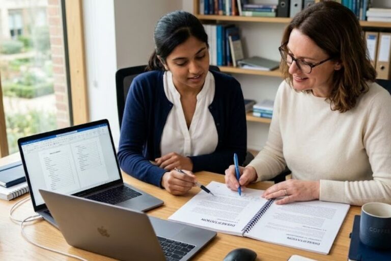 Thesis formatting service near me: an editor reviews a bound PhD thesis layout with a student