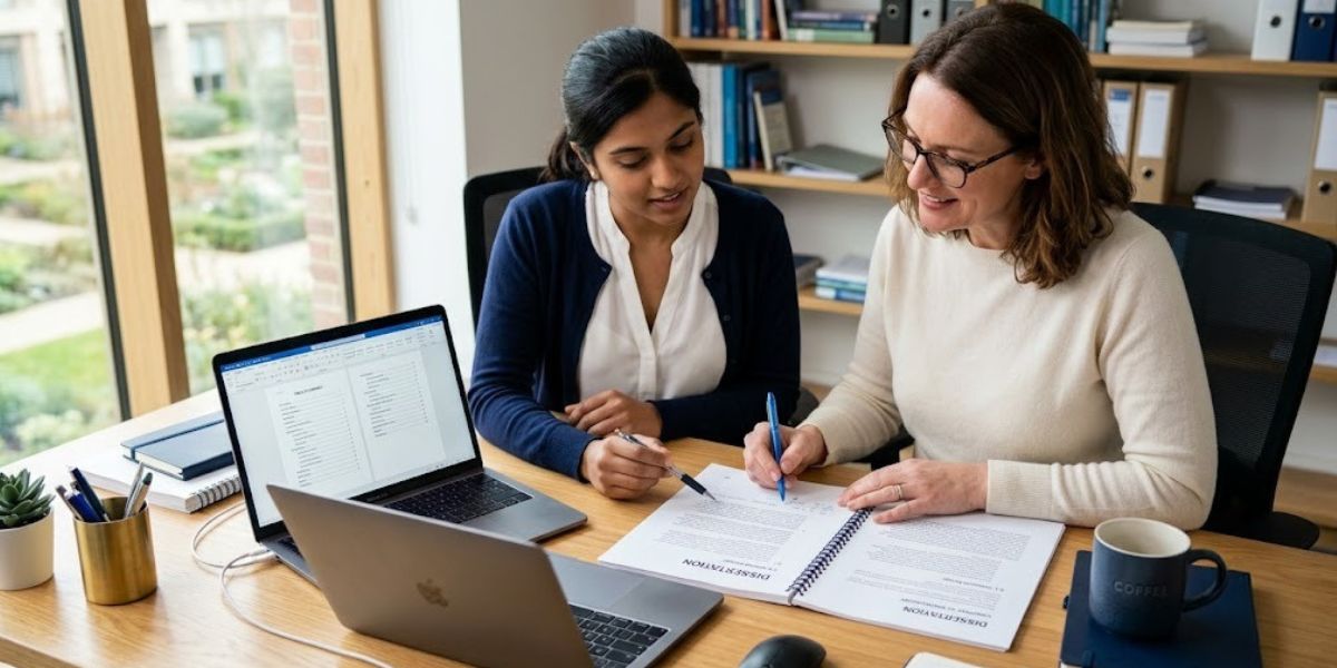 Thesis formatting service near me: an editor reviews a bound PhD thesis layout with a student