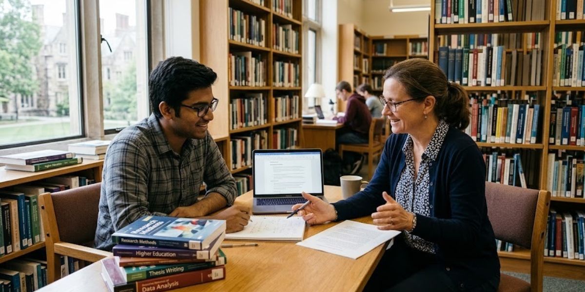 PhD guidance services mentor reviewing a thesis chapter with a doctoral scholar